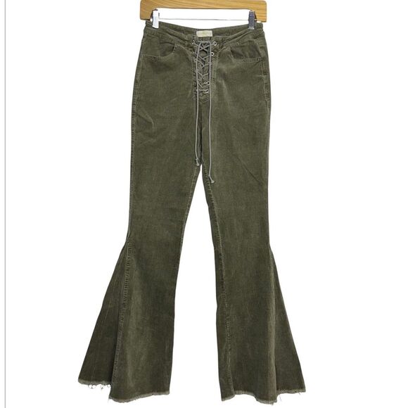 Y2K Womens Corduroy Velvet Lace Up Flare Pants Bell Bottom Size S Boho Indie 90s - Picture 1 of 8